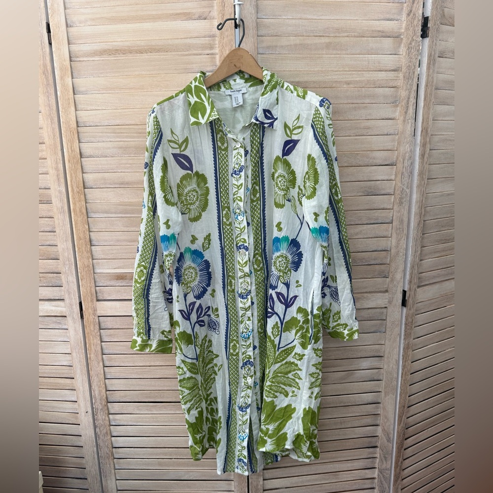 Haute Hippie Boho Green Blue White Sheer Swim Shirt Dress Coverup Beach Pool